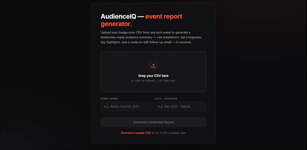 Screen recording of AudienceIQ turning a badge-scan CSV into an audience report